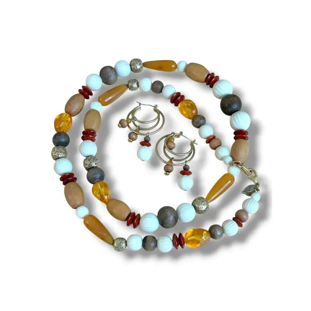 Vintage Liz Claiborne Autumn Hues Beaded Necklace Earrings Matching Set